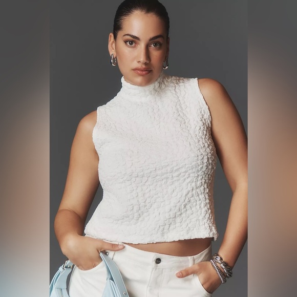 Anthropologie Blue Tassel Popcorn Crop Tank Top White Ivory NWT - Picture 2 of 16